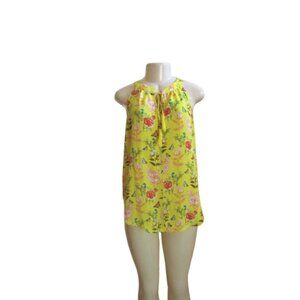 New w Tags Rose+Olive Yellow Floral Sleeveless Blouse w Tassel Tie M